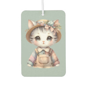 Pastel Cottagecore Cat in Overalls & Straw Hat Car Air Freshener
