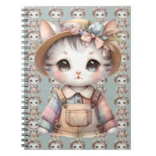 Pastel Cottagecore Cat in Overalls & Straw Hat Notebook