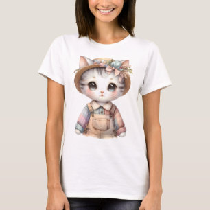 Pastel Cottagecore Cat in Overalls & Straw Hat T-Shirt