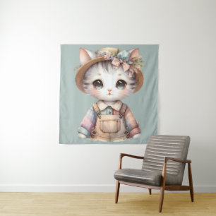 Pastel Cottagecore Cat in Overalls & Straw Hat Tapestry