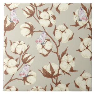 Pastel Cotton Flower and Butterflies Botanical Ceramic Tile