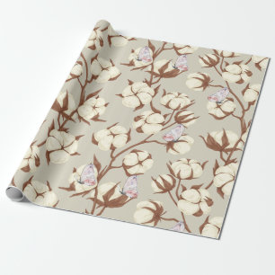 Pastel Cotton Flower and Butterflies Botanical Wrapping Paper