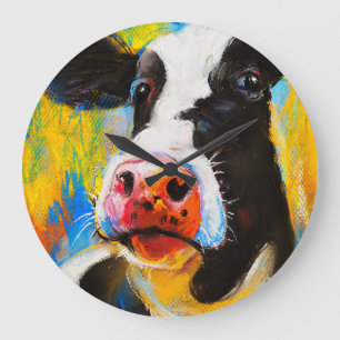 Pastel Cow Portrait Modern Painting Large Clock