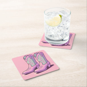 Pastel Cowgirl Boots Rodeo Party Square Paper Coaster