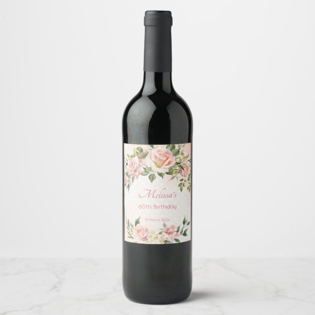Pastel cream blush pink roses personalised  wine label (Front)