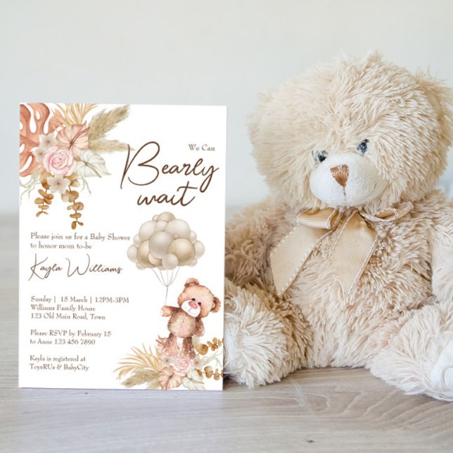 Pastel cream brown dried flowers boho teddy bear  invitation (Creator Uploaded)