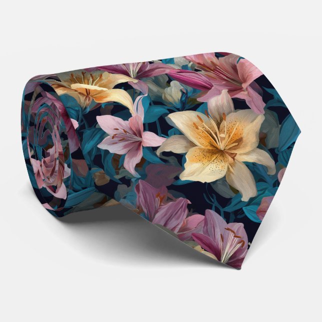 Pastel & Cream Lily Floral Pattern Tie (Rolled)