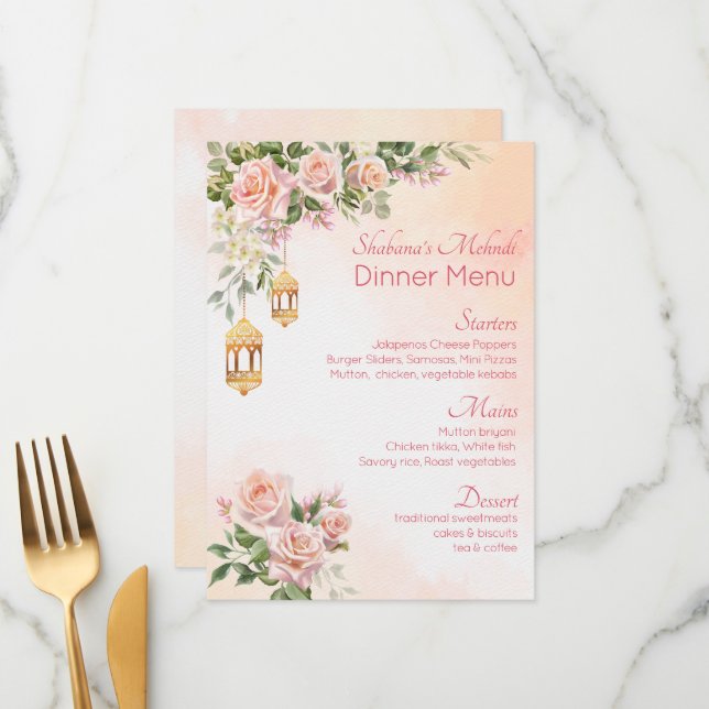Pastel cream pink roses Arabian lanterns mehndi Menu (Front/Back In Situ)