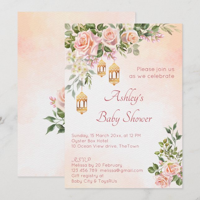 Pastel cream pink roses with Moroccan lanterns Invitation (Front/Back)