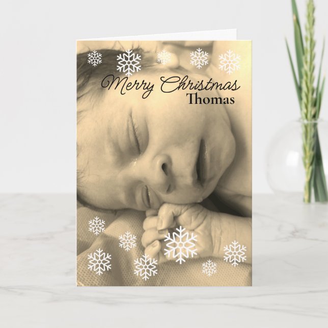 Pastel Cream Snowflake Christmas Cursive Baby Name Holiday Card (Front)