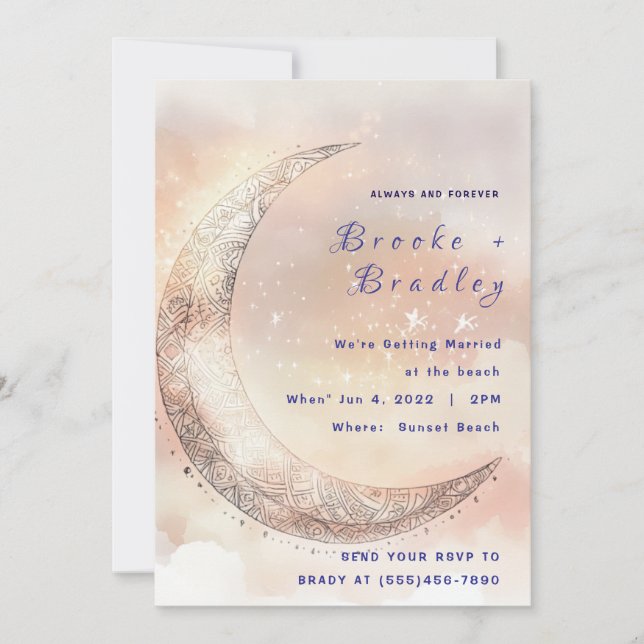 Pastel Crescent Moon Celestial Wedding Invitation (Front)
