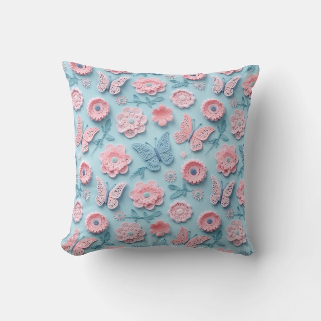 Pastel Crochet Butterflies and Blossoms Cushion (Front)