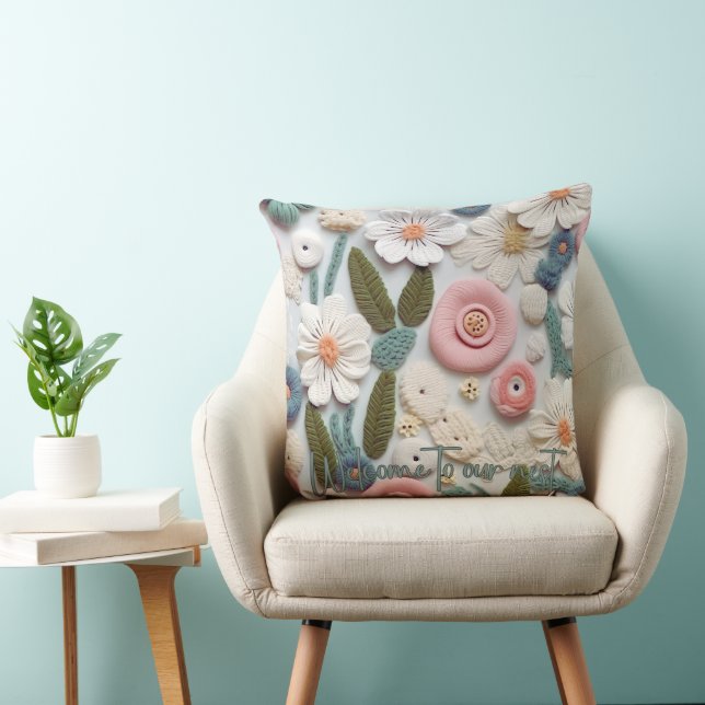 Pastel Crochet Knit Floral Throw Pillow (Chair)