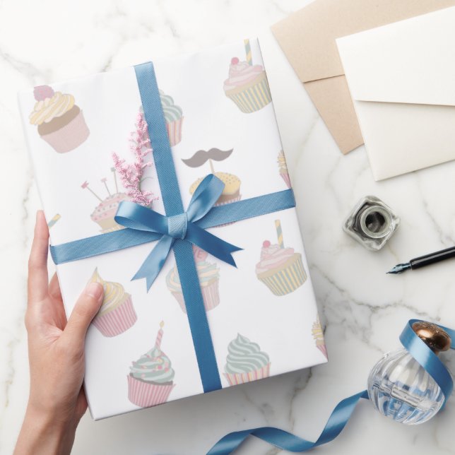 Pastel Cupcake Moustache Pattern Wrapping Paper (Gifting)