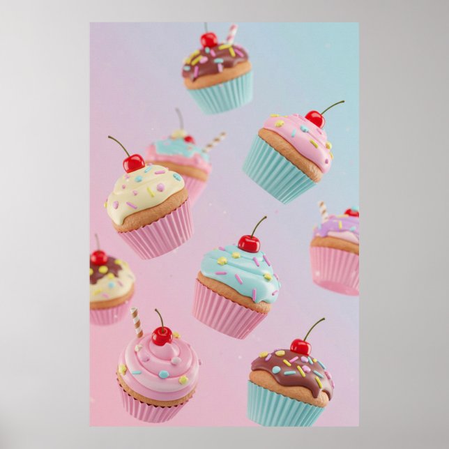 Pastel Cupcake Pattern on Pink Poster (Front)