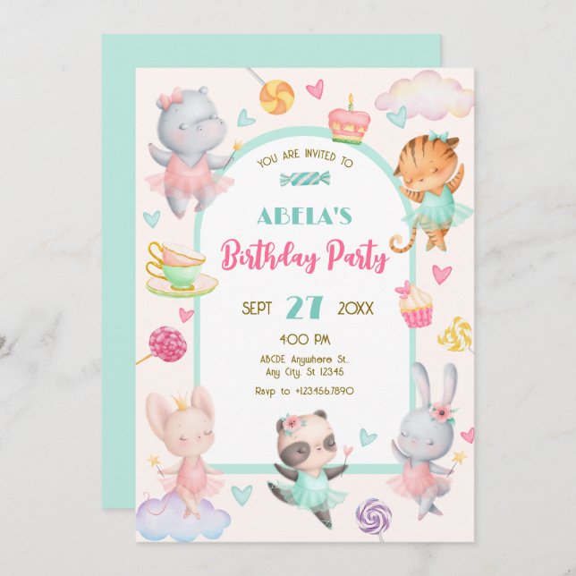 Pastel cute ballerina birthday  invitation (Front/Back)