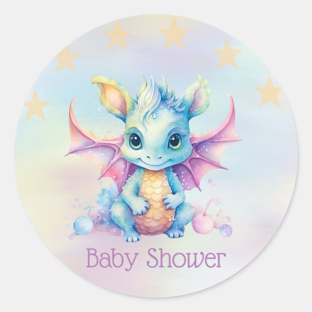 Pastel Cute Dragon Girl Baby Shower Classic Round Sticker (Front)