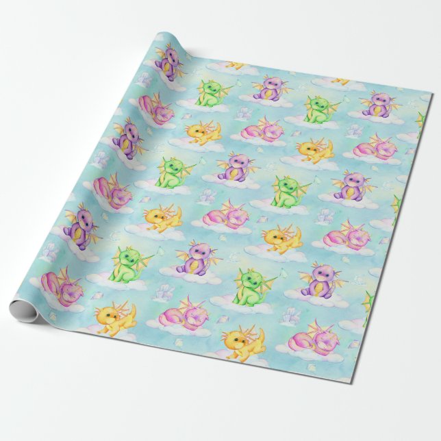 Pastel Cute Dragons And Clouds Light Blue  Wrapping Paper (Unrolled)