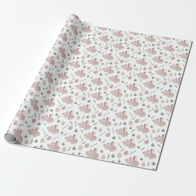 Pastel Cute Dragons Foliage Pattern Wrapping Paper (Unrolled)
