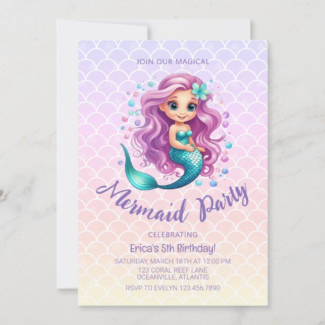 Pastel Cute Mermaid Scales Watercolor Birthday Invitation (Front)