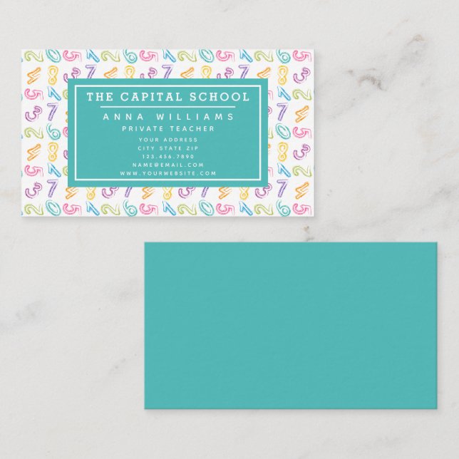 Pastel Cute Numbers Pattern Teal Math Teacher Business Card (Front/Back)