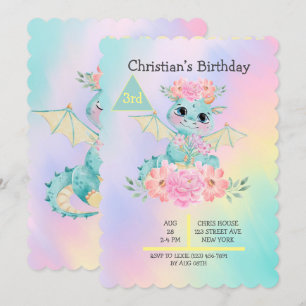 Pastel Cute Teal Dragon Girls' Birthday Party Invitation