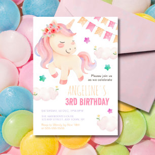 Pastel Cute Unicorn Bunting Flag Girl Birthday  Invitation