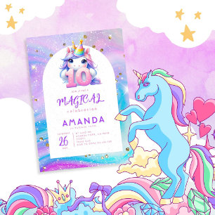Pastel Cute Unicorn Girl 10th Birthday Invitation