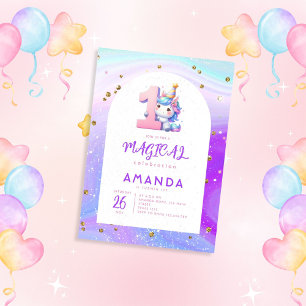 Pastel Cute Unicorn Girl 1st Birthday Invitation