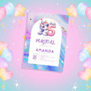 Pastel Cute Unicorn Girl 5th Birthday Invitation