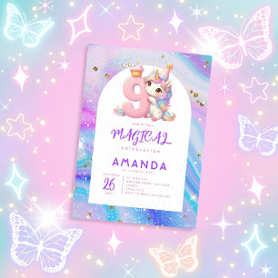 Pastel Cute Unicorn Girl 9th Birthday Invitation