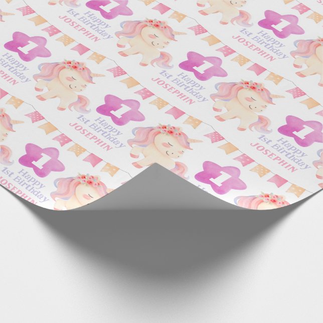 Pastel Cute Unicorn Party Flag Kids Birthday  Wrapping Paper (Corner)