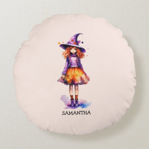 Pastel Cute Witch Girl - Halloween Aesthetic (2) Round Cushion