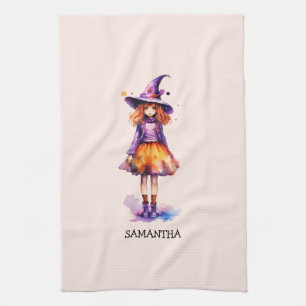Pastel Cute Witch Girl - Halloween Aesthetic (2) Tea Towel