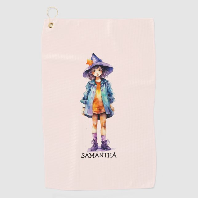 Pastel Cute Witch Girl Halloween Aesthetic  Golf Towel (Front)