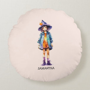 Pastel Cute Witch Girl Halloween Aesthetic  Round Cushion