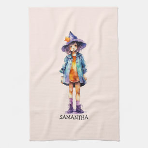 Pastel Cute Witch Girl Halloween Aesthetic  Tea Towel