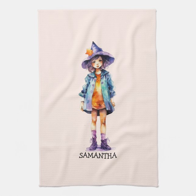 Pastel Cute Witch Girl Halloween Aesthetic  Tea Towel (Vertical)