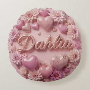 Pastel Dahlia Bloom Art with Hearts Round Cushion