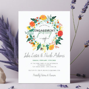 Pastel Dahlia Wildflowers Wreath Engagement Party Invitation