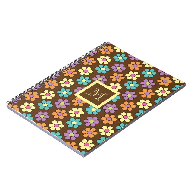 Pastel Daisy Pattern on Brown with Monogram Notebook (Left Side)