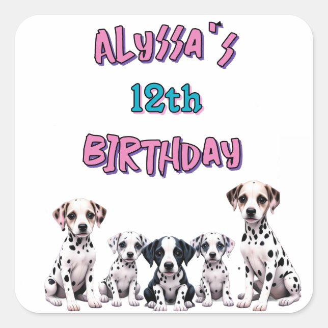 Pastel Dalmatian Dogs Birthday Party Square Sticker (Front)