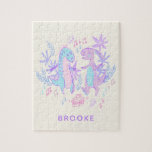 Pastel Dancing Dinosaurs Purple Blue Personalised Jigsaw Puzzle<br><div class="desc">This cute puzzle features a cute illustration of a pair of dancing dinosaurs in pastel purple,  blue,  and pink. Personalise it with your name. Great gift idea!</div>