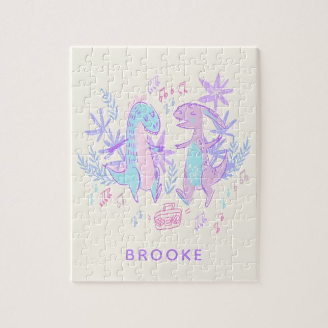 Pastel Dancing Dinosaurs Purple Blue Personalised Jigsaw Puzzle (Vertical)