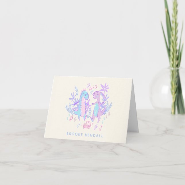 Pastel Dancing Dinosaurs Purple Blue Personalised Note Card (Front)