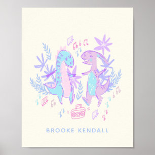 Pastel Dancing Dinosaurs Purple Blue Personalised Poster