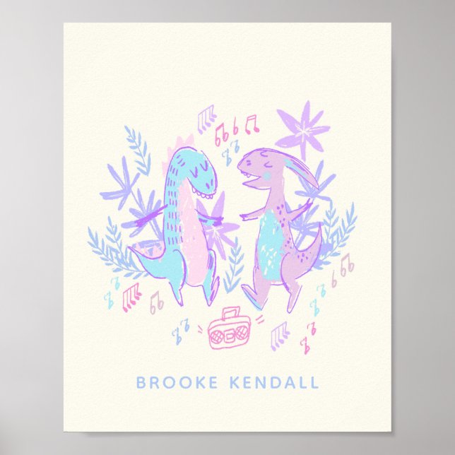 Pastel Dancing Dinosaurs Purple Blue Personalised Poster (Front)