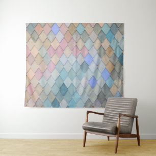 Pastel Diamond Pattern Mermaid Blue Green Pink Tapestry