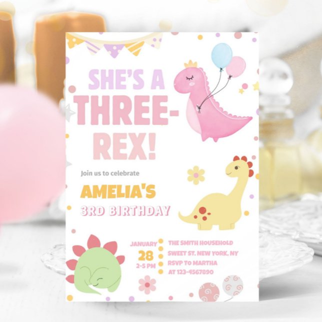 Pastel Dinosaur 3rd Birthday Pink Three Rex Dino Invitation (Creator Uploaded)