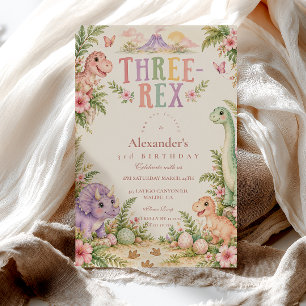 Pastel Dinosaur Three Rex Birthday Floral Invitation